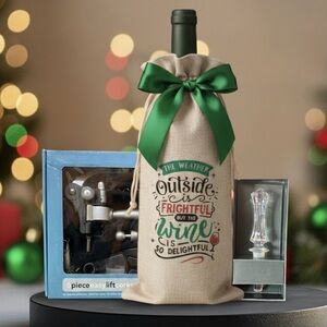 3pc Holiday Wine Accessory Gift Set Corkscrew + Stopper + Bag (no wine included)